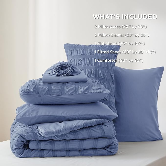 Bedsure Bed in a Bag Queen - 7 Pieces Plaid Seersucker Bedding Comforter Sets, Soft Lightweight Mineral Blue Boho Bed Set with Comforters Queen Size, Sheets, Pillowcases & Shams