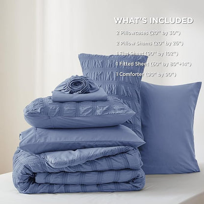Bedsure Bed in a Bag Queen - 7 Pieces Plaid Seersucker Bedding Comforter Sets, Soft Lightweight Mineral Blue Boho Bed Set with Comforters Queen Size, Sheets, Pillowcases & Shams