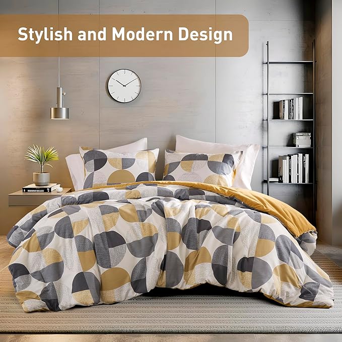 Stylish Three-Tone Printed Twin Size Comforter Set, 2 Pieces Ultra-Soft Microfiber Bedding Set, Warm and Cozy Comforter for All Seasons, Mustard Yellow & Grey