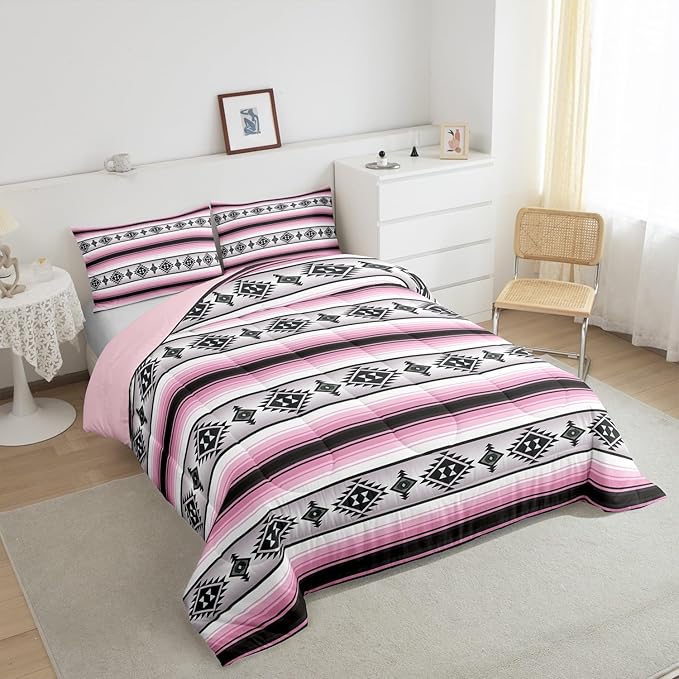 Erosebridal Girls Boho Comforter Set Toddler Pink Black Geometric Aztec Stripes Bedding Comforter Sets Western Bohemian Bedding Set for Kids Teen Women,Southwest Ethnic Tribal Mexican Quilt Duvet