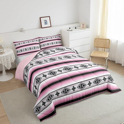 Erosebridal Girls Boho Comforter Set Toddler Pink Black Geometric Aztec Stripes Bedding Comforter Sets Western Bohemian Bedding Set for Kids Teen Women,Southwest Ethnic Tribal Mexican Quilt Duvet