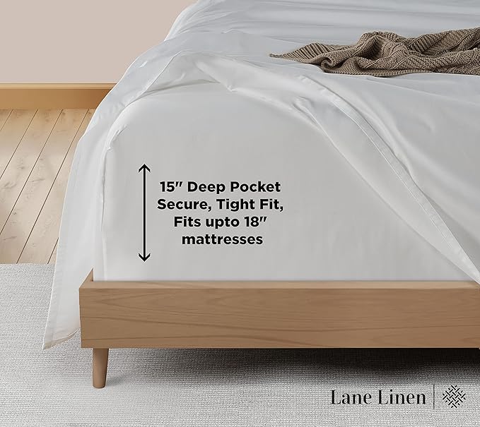LANE LINEN 600 Thread Count 100% Mercerized Cotton White Twin Sheet Set - Soft & Cmofy Hotel Like Thick Cotton Bedding Sheets & Pillowcases, Sateen Weave Silky Finish Luxury White Bed Sheets Set