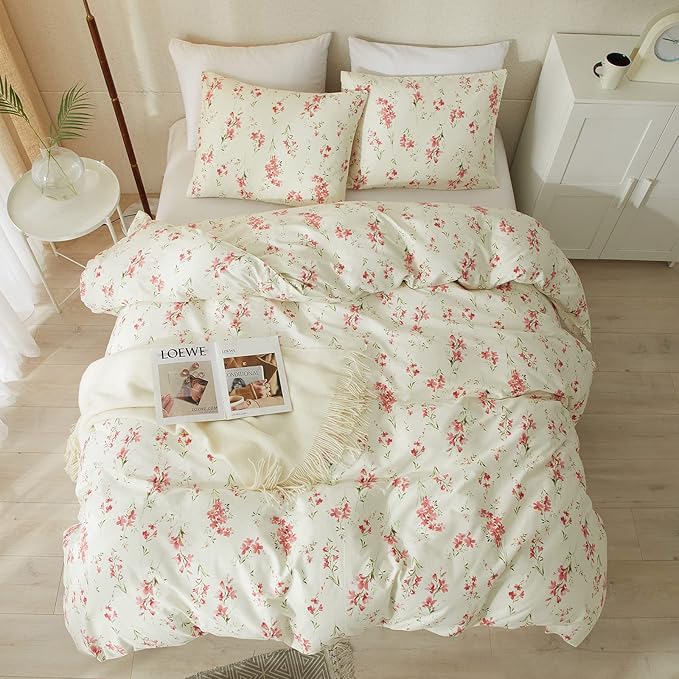 mixinni 3 Pieces Full Comforter Set, Boho Red Floral Printed Bed Comforter, Soft Fluffy Cottagecore Garden Style Flower and Green Leaf Bedding Set with 2 Pillowcases-Full Size