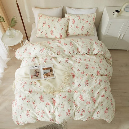 mixinni 3 Pieces Full Comforter Set, Boho Red Floral Printed Bed Comforter, Soft Fluffy Cottagecore Garden Style Flower and Green Leaf Bedding Set with 2 Pillowcases-Full Size