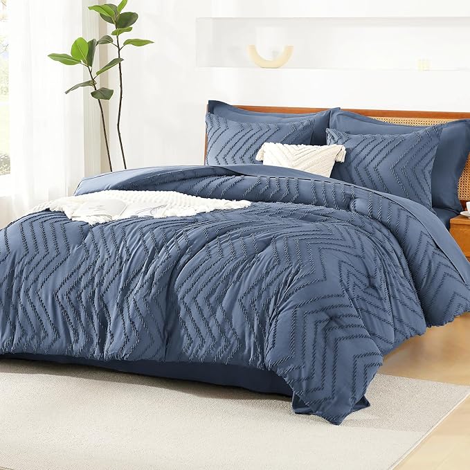 Litanika King Size Comforter Set with Sheets Ocean Blue - 7 Pieces Bed in a Bag King Chevron Tufted Complete Bedding Sets with Comforter, Sheets, Pillowcases & Shams