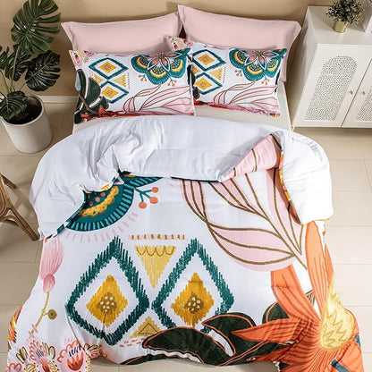 Boho Floral Twin Comforter Set - 2 Piece Farmhouse Botanical Bedding Comforter Sets for All Season Soft Lightweight Mid Century Modern Bed Set, (1 Reversible Comforter and 1 Pillow Sham