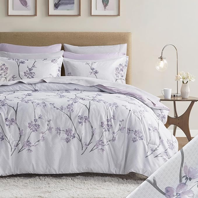 Comfort Spaces Bed in A Bag - Trendy Casual Design Cozy Comforter with Complete Sheet Set with Side Pocket, All Season Cover, Matching Shams King(104"x90"), Kate, Grey/Purple 9 Piece
