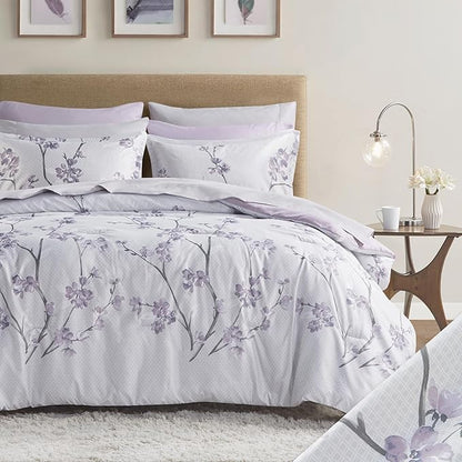 Comfort Spaces Bed in A Bag - Trendy Casual Design Cozy Comforter with Complete Sheet Set with Side Pocket, All Season Cover, Matching Shams King(104"x90"), Kate, Grey/Purple 9 Piece