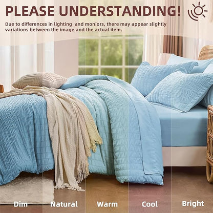 FUANNA Queen Comforter Set 7 Pieces, Luxury Seersucker Bed in a Bag Queen Size for All Seasons, Soft Bedding Set with Comforter, Flat Sheet, Fitted Sheet, Pillowcases & Shams for Bedroom, Light Blue