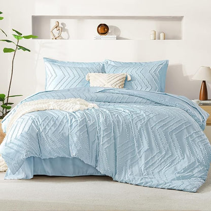 Litanika Light Blue Queen Size Comforter Set with Sheets - 7 Pieces Bed in a Bag Queen Boho Tufted Complete Bedding Sets with Comforter, Sheets, Pillowcases & Shams