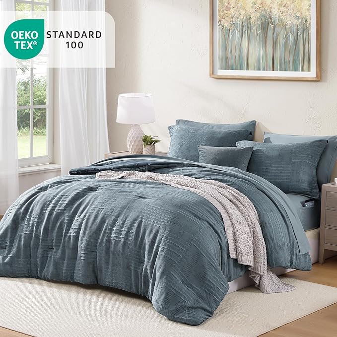 MaiRêve King Comforter Set Dusty Blue, Textured Design Crinkle Bedding Sets 7 Pieces, All Season Bed in A Bag with Comforter, Sheets, Pillowcases & Shams