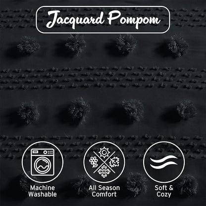 Intelligent Design King Comforter Set, Clipped Jacquard Comforter Set Chic Pompom Accent, All Seasons Lightweight & Fluffy Comforter Bed Set with 2 Shams, Lucy, King/Cal King, Black 3 Piece