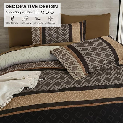 Cottolester Brown Comforter Set Full Size,Boho Striped Bed in a Bag,Plaid Comforter and Sheet Set, Soft Microfiber Complete Bedding Sets