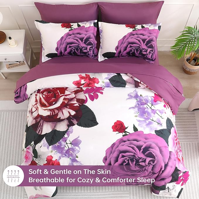 Drucon Purple Floral Comforter King Size 7 Pieces Bedding Sets Bed in a Bag, Botanical Floral Comforter with Sheet Set, Soft Microfiber Bedding Set for All Season(Purple, 104"x90")