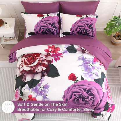 Drucon Purple Floral Comforter King Size 7 Pieces Bedding Sets Bed in a Bag, Botanical Floral Comforter with Sheet Set, Soft Microfiber Bedding Set for All Season(Purple, 104"x90")
