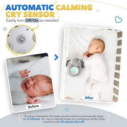 Bubzi Co Sound Machine, Portable Elephant Soother & Night Light Projector, Comforting Electronic Infant Toddler Sleep Aid & Shush with White Noise