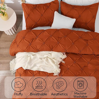 BEDELITE Burnt Orange King Size Comforter Set - 3 Pieces Boho Pintuck Bedding Comforter Sets, Lightweight Soft & Warm King Bedding Set with 2 Pillowcases for All Season