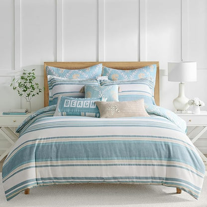 Levtex Home - Kailua Comforter Set - Twin Comforter (68x88in.) + One Standard Pillow Case (26x20in.) - Stripe - Blue Teal Taupe Cream - Cotton
