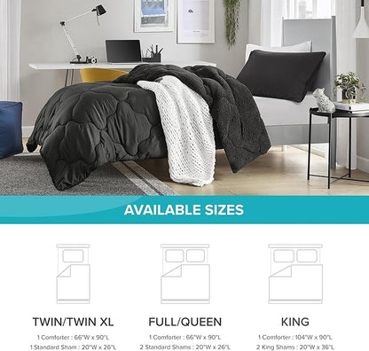 Comfort Spaces Comforter Set, Chic Reversible Quatrefoil Quilting, Sherpa Comforters Twin, All Seasons, Lightweight Microfiber Bedding Set Matching Sham, Vixie, Twin/Twin XL Black/Black 2 Piece