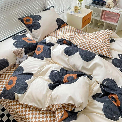 Luxlovery Black Floral Comforter Set Full Black White Sunflower Bedding Set Women Girls Cute Chic Boho Botanical Quilts 3 Piece Beige Bedding Set for Full Bed