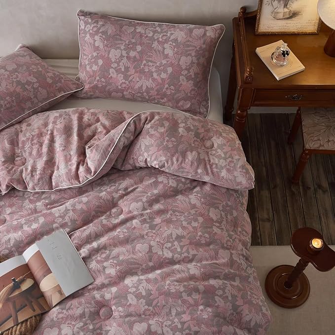 MKXI Double Layer Muslin Cotton Comforter Set Farmhouse Old Pink Floral Comforter Twin XL Shabby Chic Bedding Comforter Set Soft Breathable French Country Bed Comforter for All Season