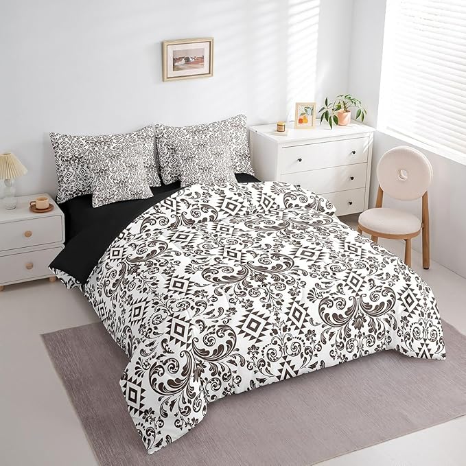 Comforter Set Twin Size, Terra Brown Damask Aztec 7 Pcs Bedding for Kids and Adults, Baroque Western Boho Gothic Floral Bed Sheet Sets with Fitted Sheet 2 Pillowcases & 2 Shams for Bedroom Bed Decor