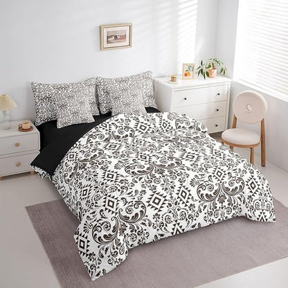Comforter Set Twin Size, Terra Brown Damask Aztec 7 Pcs Bedding for Kids and Adults, Baroque Western Boho Gothic Floral Bed Sheet Sets with Fitted Sheet 2 Pillowcases & 2 Shams for Bedroom Bed Decor