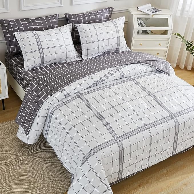 EMME Twin Comforter Set-Bed in A Bag Plaid, 5 Piece Bedding Sets with Black White Comforter, Sheets, Pillowcase&Sham,Soft Microfiber Down Alternative for All Season