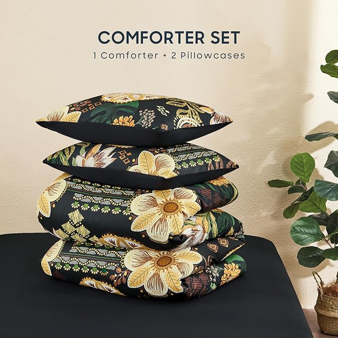 Wake In Cloud - Boho Comforter Set, Floral Farmhouse Botanical Western Style with Colorful Flowers and Tropical Leaves, Soft Lightweight Bedding, 3 Pieces, Amber Black, Queen Size