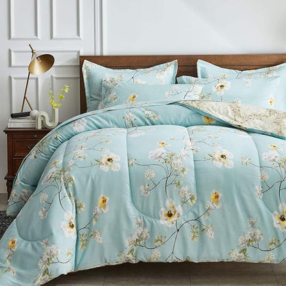Joyreap 7 Piece Bed in a Bag Queen, Aqua Floral Elegant Design, Smooth Soft Microfiber Comforter Set (1 Comforter, 2 Pillow Shams, 1 Flat Sheet, 1 Fitted Sheet, 2 Pillowcases)