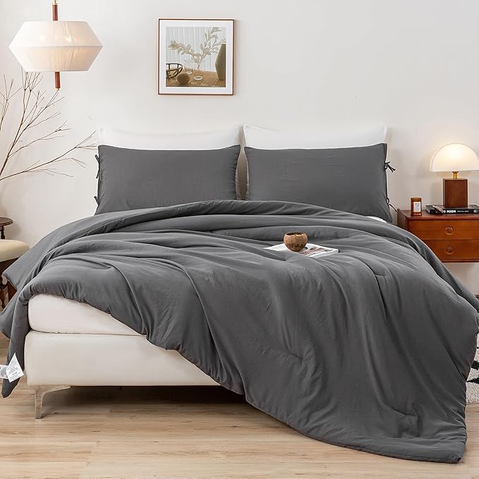 Ultra-Soft Cozy Polycotton Bedding Comforter Queen Set - Comfy Fluffy Down Alternative Comforter Queen Size with 2 Pillow Case - Lightweight but Warm Bed Blanket All Season - Dark Gray