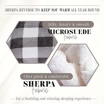 Elegant Comfort 3-Piece Buffalo Lodge-Plaid Comforter Set, Luxurious, Heavyweight, All Season, Down Alternative-Micromink Sherpa-Backing Reversible Micro-Suede, Soft and Plush, Queen, Gray/White