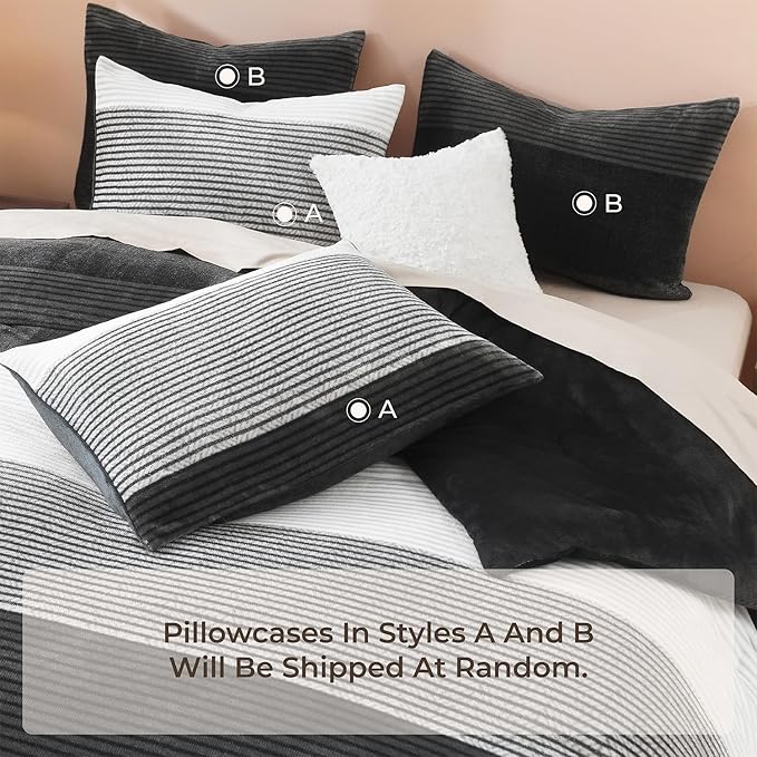 Litanika Fluffy Fleece Full Size Comforter Set, Luxury Soft Plush Fuzzy Grey White Stripe Bedding Comforter Sets, Warm Shaggy Faux Fur Bed Set All Season (1 Comforter, 2 Pillowcases)