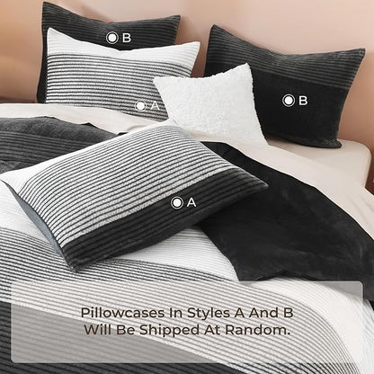 Litanika Fluffy Fleece Twin Comforter Set, Luxury Soft Plush Fuzzy Grey White Stripe Bedding Comforter Sets, Warm Shaggy Faux Fur Bed Set All Season (1 Comforter, 1 Pillowcase)