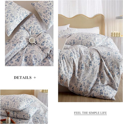 mixinni 3pcs Floral Comforter Set Queen Size, Botanical Blue Flowers Leaves on White Cute Bedding Comforter Sets for Women, 1 Soft Pastoral Style Comforter and 2 Pillowcases for All Seasons
