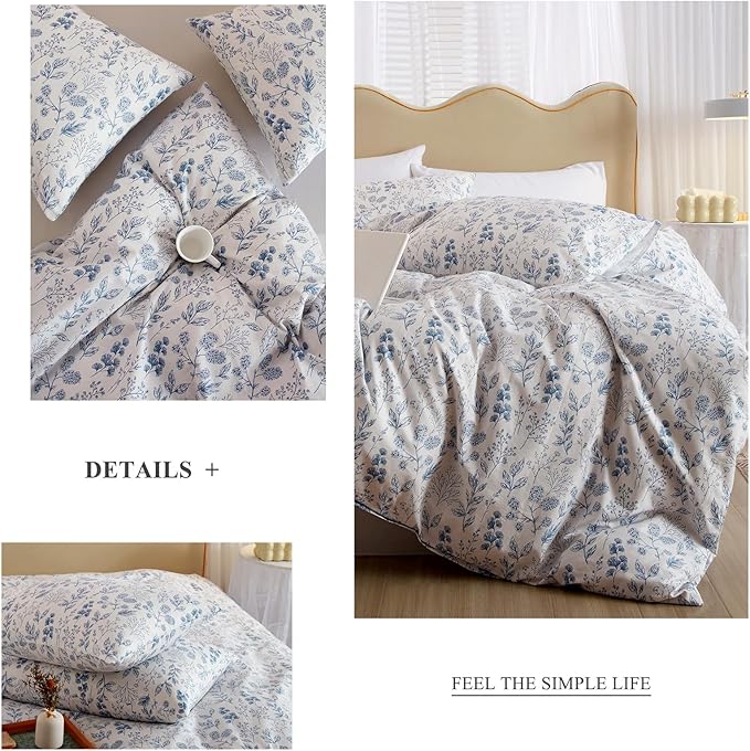 mixinni 3pcs Floral Comforter Set Full Size, Botanical Blue Flowers Leaves on White Cute Bedding Comforter Sets for Women, 1 Soft Pastoral Style Comforter and 2 Pillowcases for All Seasons