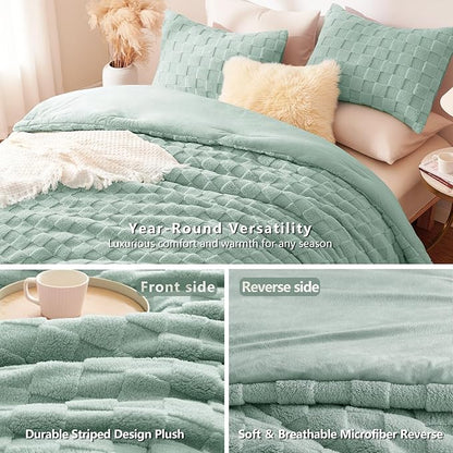 CozyLux Fleece King Comforter Set Sage Green,Super Soft & Warm Fluffy Bedding with Checkered Pattern,Luxury Fuzzy Heavy Bed Set for Winter,3 Pieces,1 Comforter and 2 Pillowcases