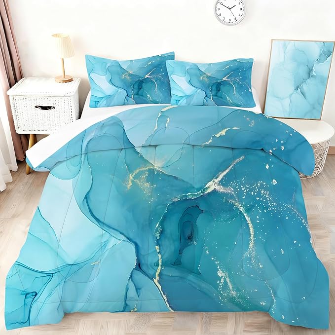 Blue Marble Printed Comforter Sets King Size, Retro Style Watercolor Artwork Design for Bedroom Decor. Bed Comforter for Girls Women and Men with 2 Pillowcases