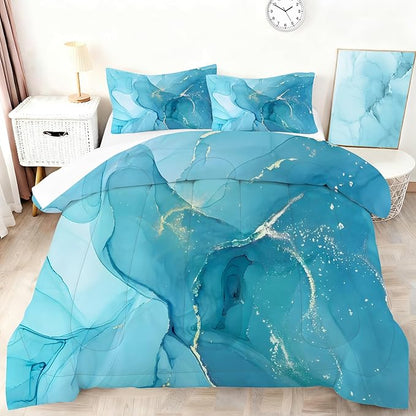 Blue Marble Comforter Set Kids Boys Girls Comforter Set Full Blue and Gold Marble Bedding Set for Men Women Bedroom Decor Abstract Bed Set with 1 Comforter & 2 Pillow Cases