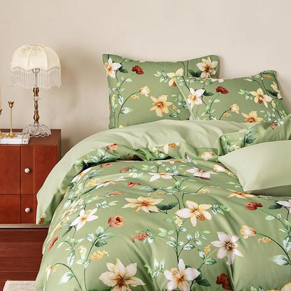 Wake In Cloud - Floral Comforter Set, Cottagecore Cottage Rustic Farmhouse Style with Botanical Flowers and Leaves Pattern, Soft Lightweight Bedding, 3-Piece, Sage Green, Twin/Twin XL Size