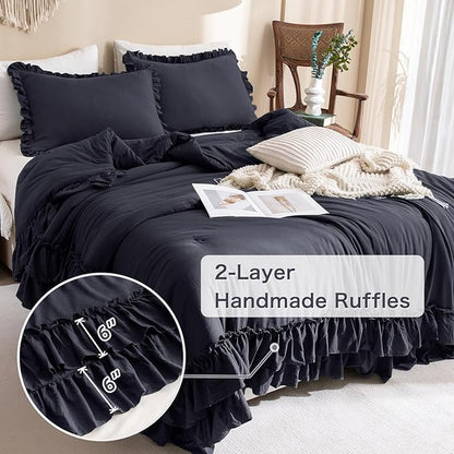 Masaca Ruffled Comforter Set King,Farmhouse Shabby Boho Chic Bedding Comforter Vintage Aesthetic Rustic Bedding 3 Pieces (1 Dark Grey Ruffle Comforter and 2 Pillowcases)