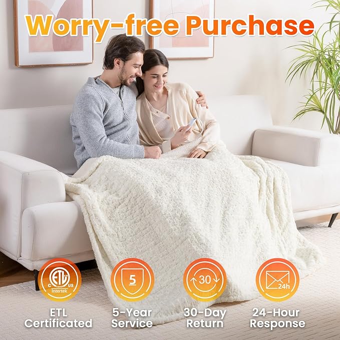 WOOMER Heated Blanket Throw 50" x 60", Electric Blanket Throw with 4 Heating Levels & 4H Auto Off, ETL Certified, White Roses Patterns Faux Fur & Sherpa, Machine Washable