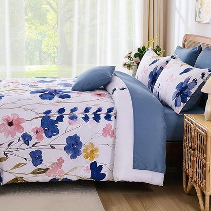Anibedding Blue Floral Comforter Set Queen Size, 8 Piece Botanical Flower Bed in a Bag, Reversible Design Comforter Soft Microfiber Complete Bedding Sets for All Season (Blue, 90"x90")
