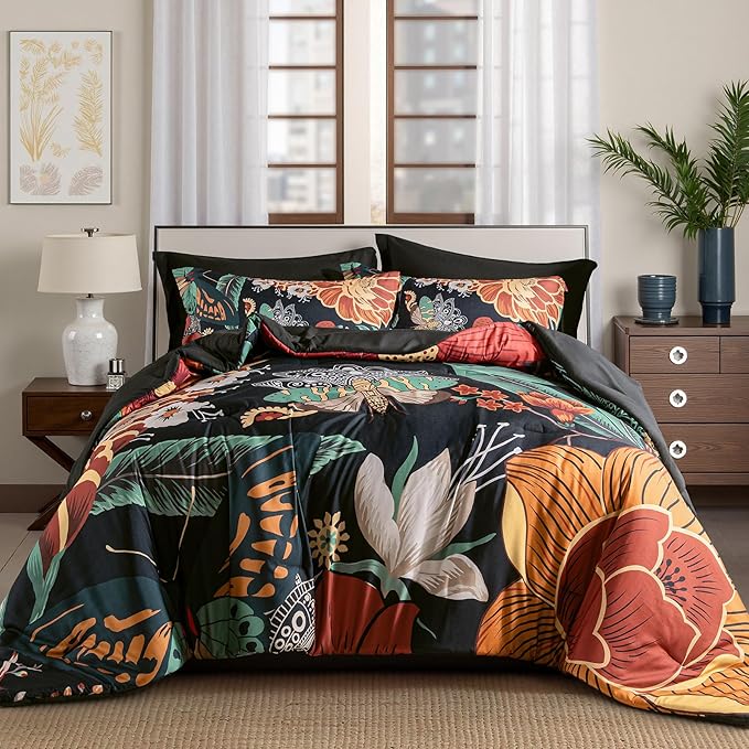 Black Boho Floral Queen Comforter Set - 3 Piece Vintage Farmhouse Bedding Comforter Sets for All Season Soft Lightweight Mid Century Modern Bed Set, (1 Reversible Comforter and 2 Pillow Shams