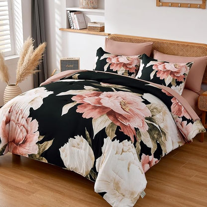 Dobuyly Black Queen Comforter Set 7 Piece Bed in a Bag, Pink Floral Printed on Black Comforter Set with Sheets, Soft Microfiber Botanical Flower Bedding Set for All Season
