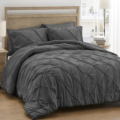 UNIKOME King Comforter Set Dark Gray - Ultra Soft Boho Pintuck Down Alternative Bedding Set for All Seasons, 3 Pieces Lightweight Warm Pinch Pleat Bed Set with Comforter, 2 Pillowcases
