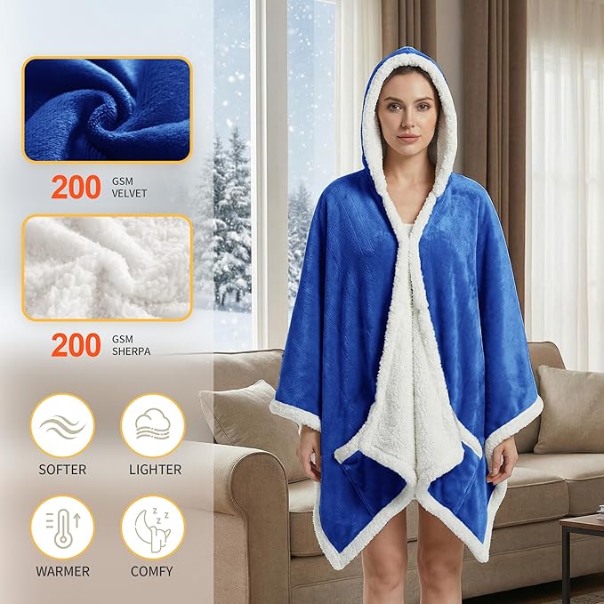 Myiosus Heated Blanket Wearable Shawl, Electric Wrap Poncho Blanket Hoodie with Pockets, Velvet & Sherpa Heating Throw with 6 Heating Levels & 4 Time Settings,Birthday Gifts for Mom, 50 x 64 Inch,Navy