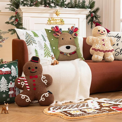 Phantoscope Gingerbread Series Merry Christmas Throw Pillow, Plush Teddy Sherpa Xmas Gingerbread Girl Shaped Christmas Decorative Pillow with Bow for Couch Living, Bedroom, Beige, 13x18 inches