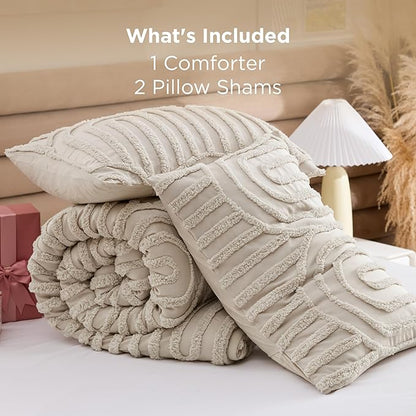 Bedsure Boho Tufted Beige Comforter Set Queen Size, GentleSoft™ 3 Pieces Boho Farmhouse Decor Bedding, Arch Shabby Chic Bedding for All Seasons, 1 Bed Comforter, 2 Pillow Shams, 90x90 Inches