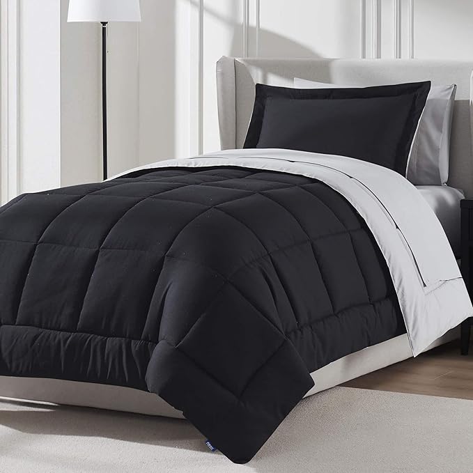 Nestl 5 Piece Twin XL Comforter Set – Black Reversible Bed in a Bag – Complete Twin XL Size Bedding Set with Sheets, Pillowcase and Sham